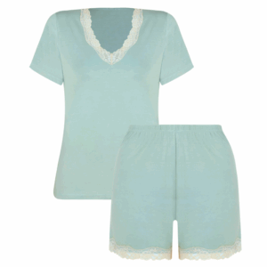 Short Doll Manga Curta Em Viscose E Renda Azul Melodia Coleção Moon